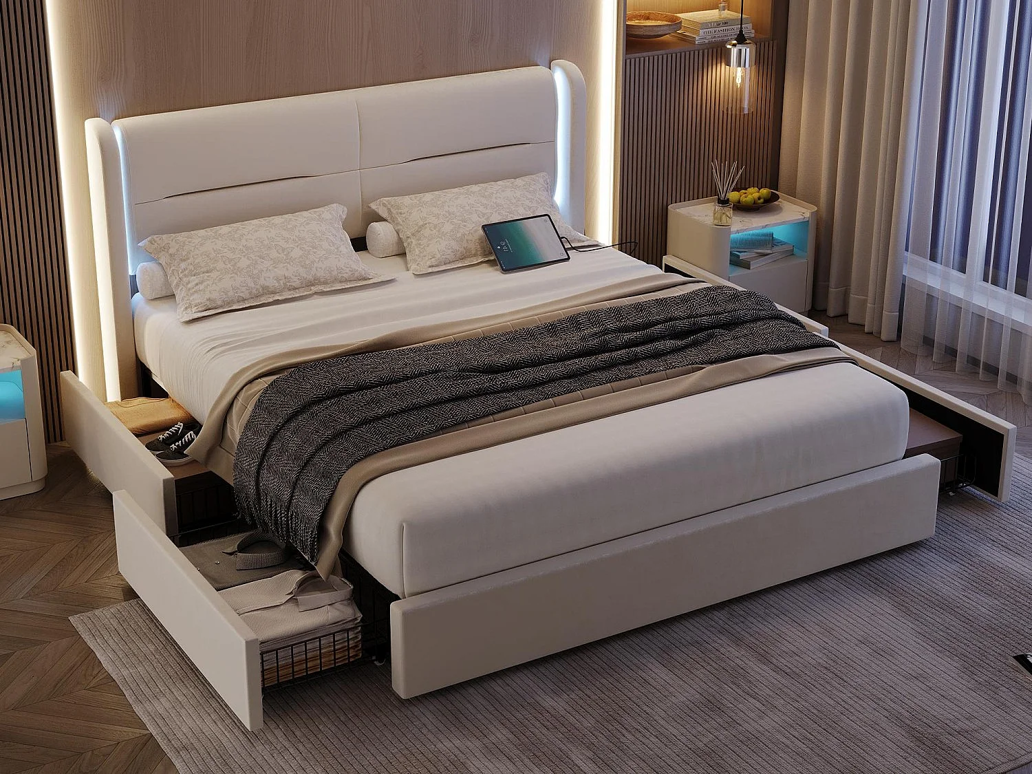Lit Coffre 160×200 cm - Lit Rembourré en Velours Beige – Tête de Lit LED – 4 Tiroirs  – Ports USB/USB‑C – Style Contemporain