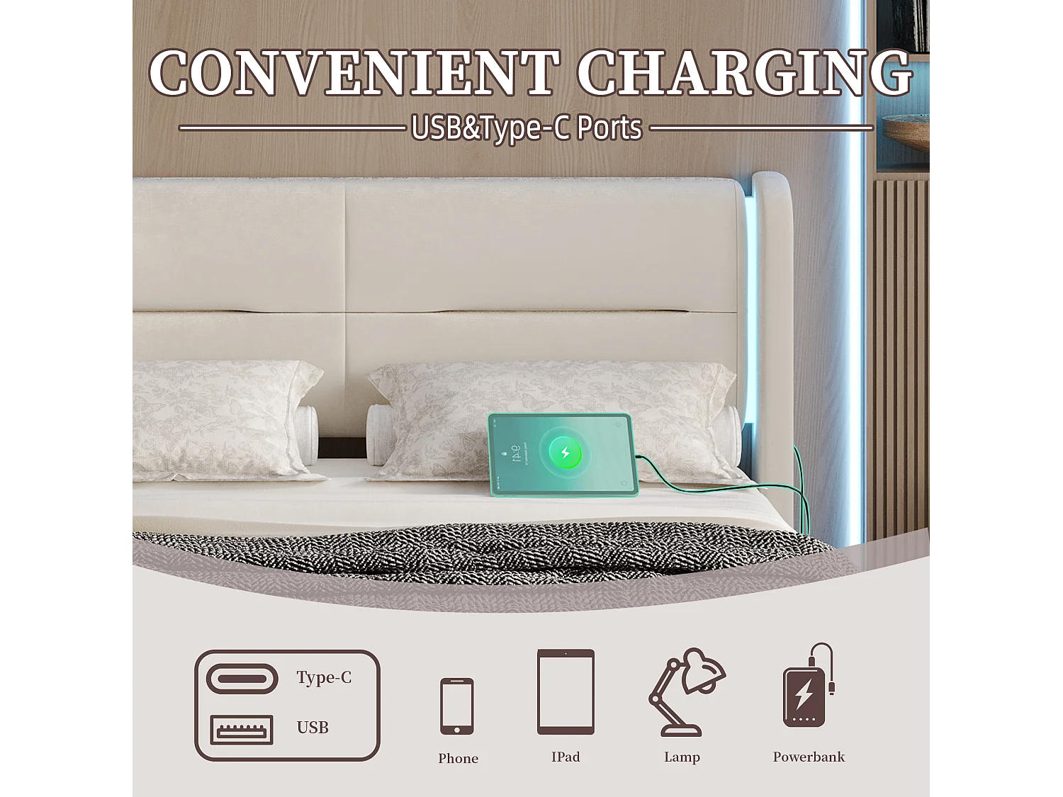 Lit Coffre 160×200 cm - Lit Rembourré en Velours Beige – Tête de Lit LED – 4 Tiroirs  – Ports USB/USB‑C – Style Contemporain