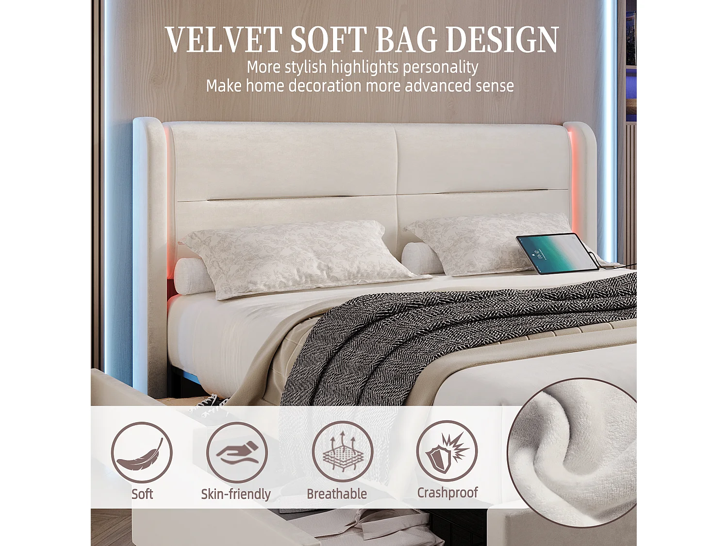 Lit Coffre 160×200 cm - Lit Rembourré en Velours Beige – Tête de Lit LED – 4 Tiroirs  – Ports USB/USB‑C – Style Contemporain