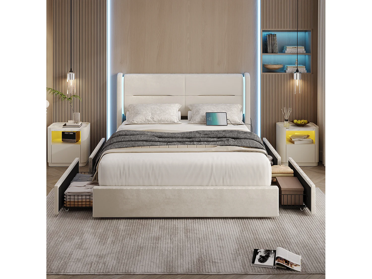Lit Coffre 160×200 cm - Lit Rembourré en Velours Beige – Tête de Lit LED – 4 Tiroirs  – Ports USB/USB‑C – Style Contemporain