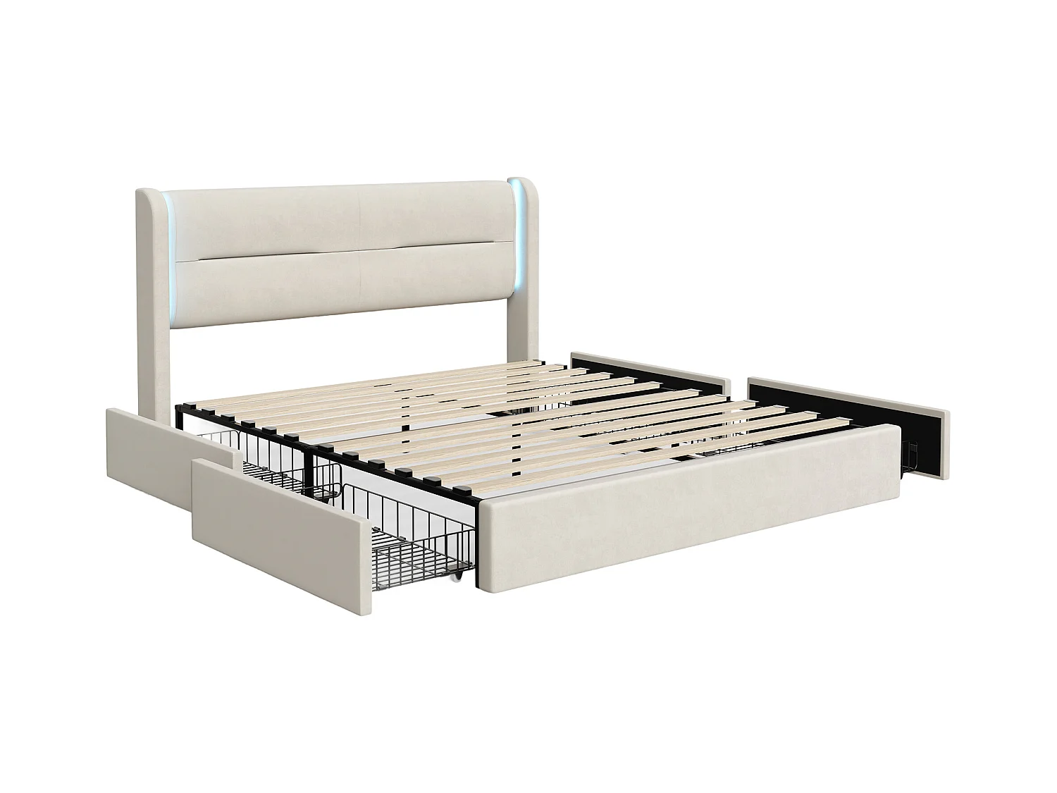 Lit Coffre 140×200 cm - Lit Rembourré en Velours Beige – Tête de Lit LED – 4 Tiroirs – Ports USB/USB‑C – Style Contemporain