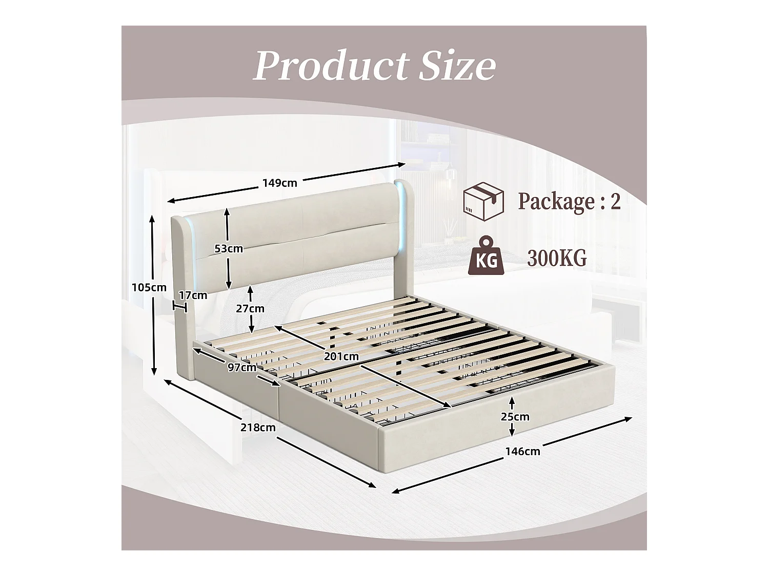 Lit Coffre 140×200 cm - Lit Rembourré en Velours Beige – Tête de Lit LED – 4 Tiroirs – Ports USB/USB‑C – Style Contemporain