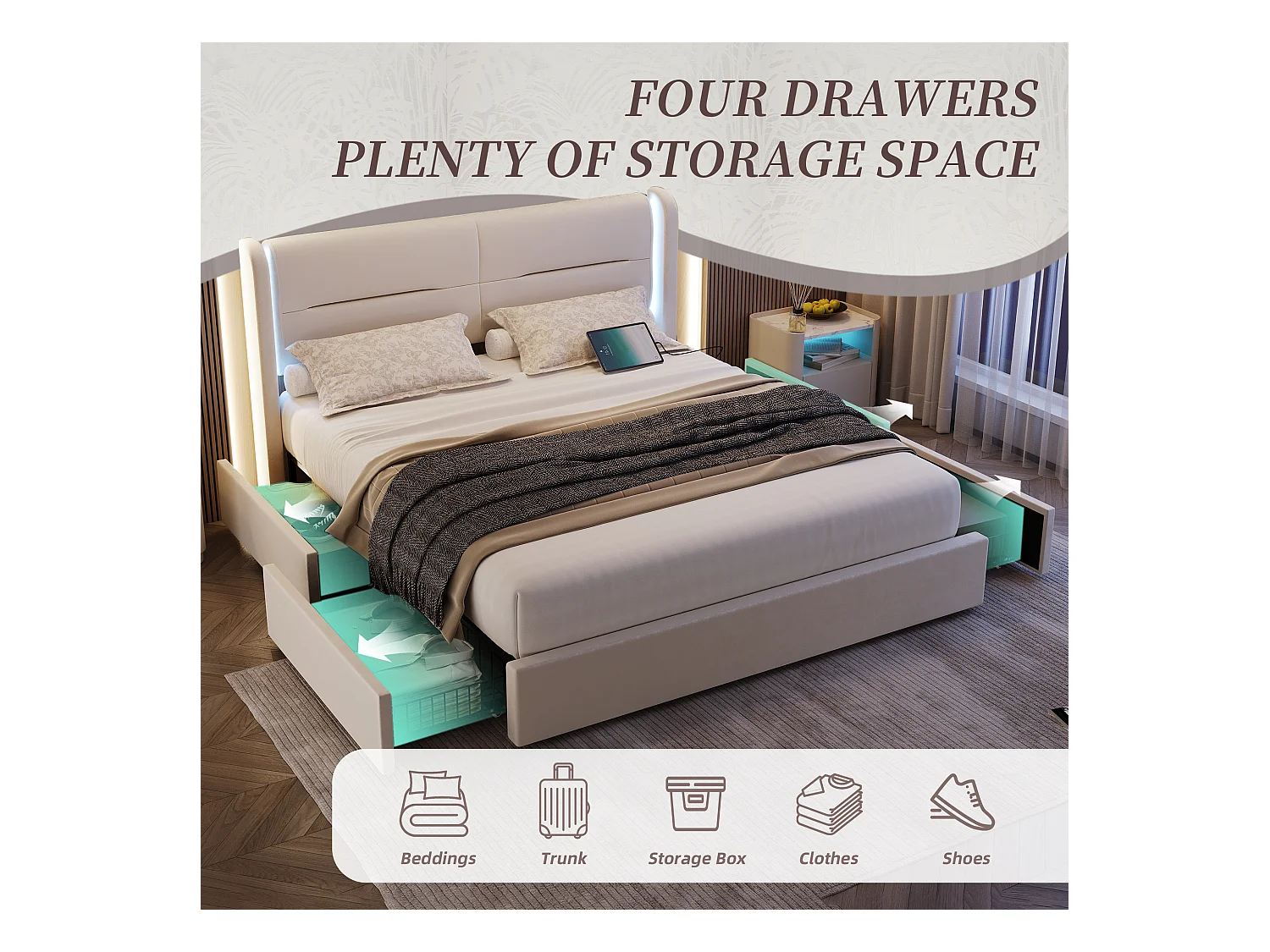 Lit Coffre 140×200 cm - Lit Rembourré en Velours Beige – Tête de Lit LED – 4 Tiroirs – Ports USB/USB‑C – Style Contemporain
