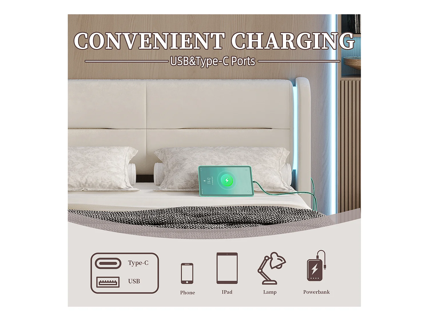 Lit Coffre 140×200 cm - Lit Rembourré en Velours Beige – Tête de Lit LED – 4 Tiroirs – Ports USB/USB‑C – Style Contemporain