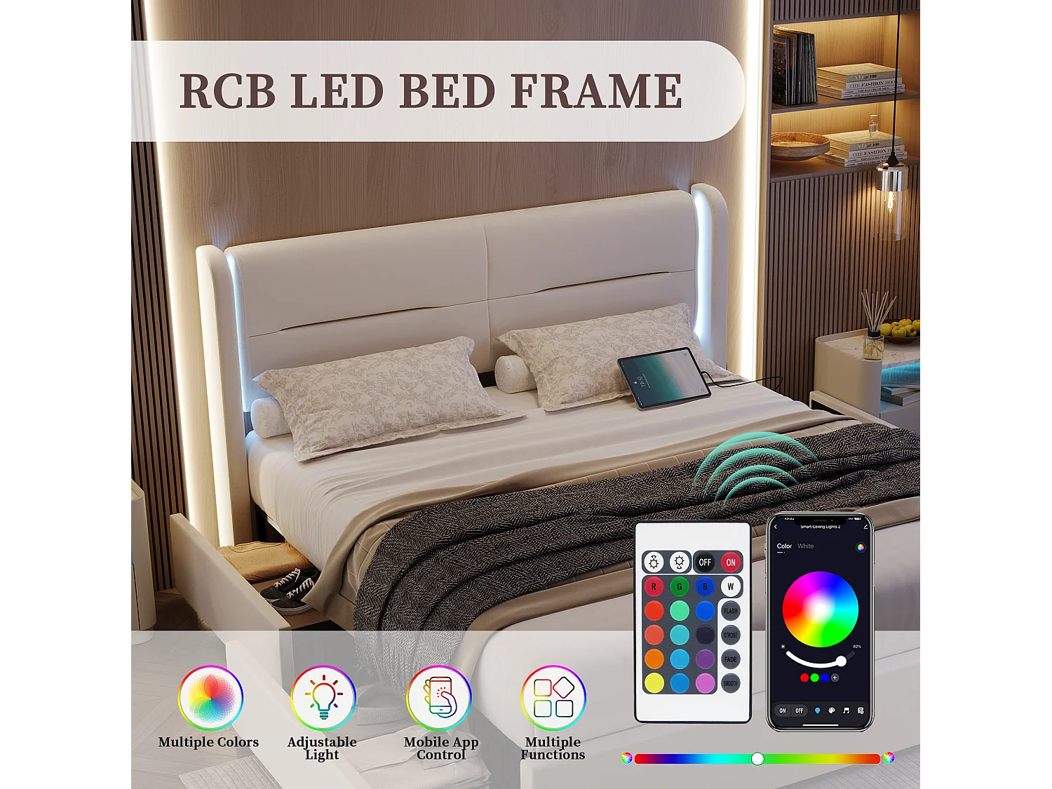 Lit Coffre 140×200 cm - Lit Rembourré en Velours Beige – Tête de Lit LED – 4 Tiroirs – Ports USB/USB‑C – Style Contemporain