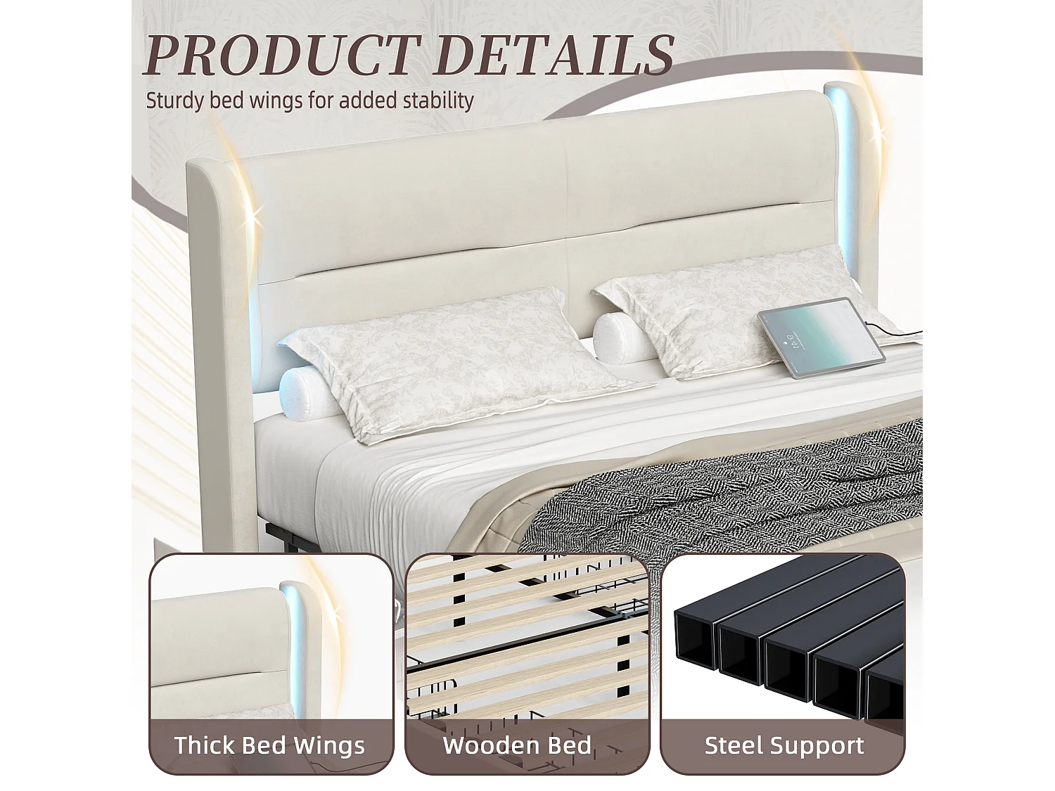 Lit Coffre 140×200 cm - Lit Rembourré en Velours Beige – Tête de Lit LED – 4 Tiroirs – Ports USB/USB‑C – Style Contemporain