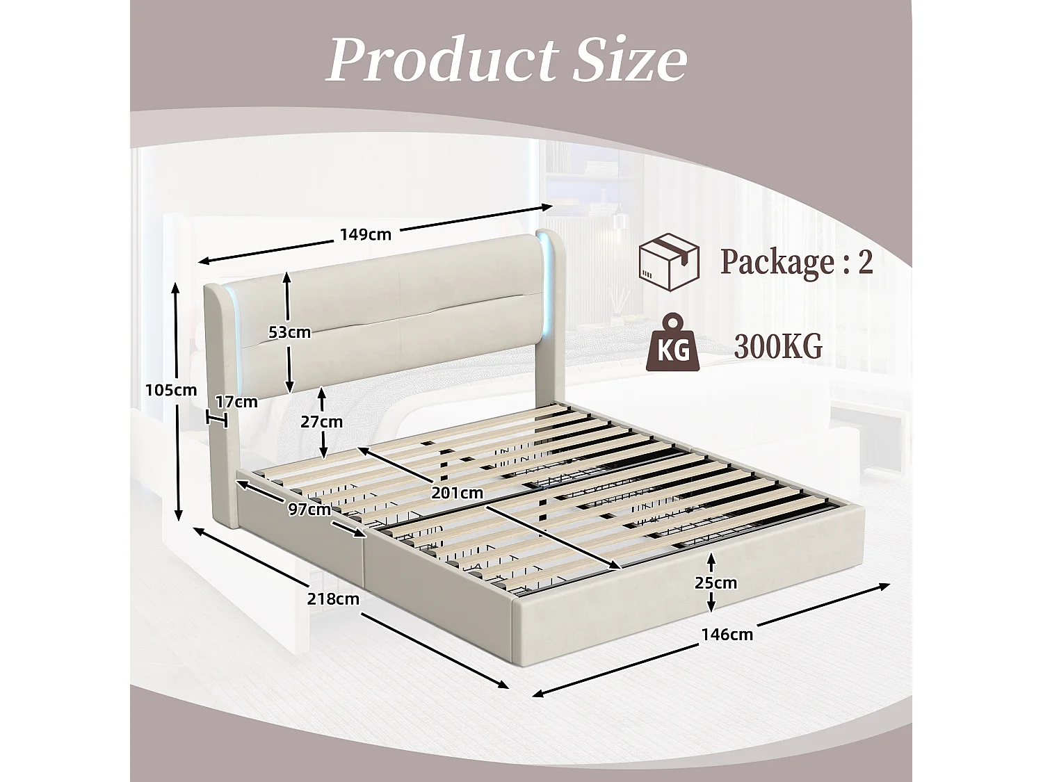 Modern fluwelen bed (140x200) met slimme verlichting - 4 opberglades, USB-C en app-besturing