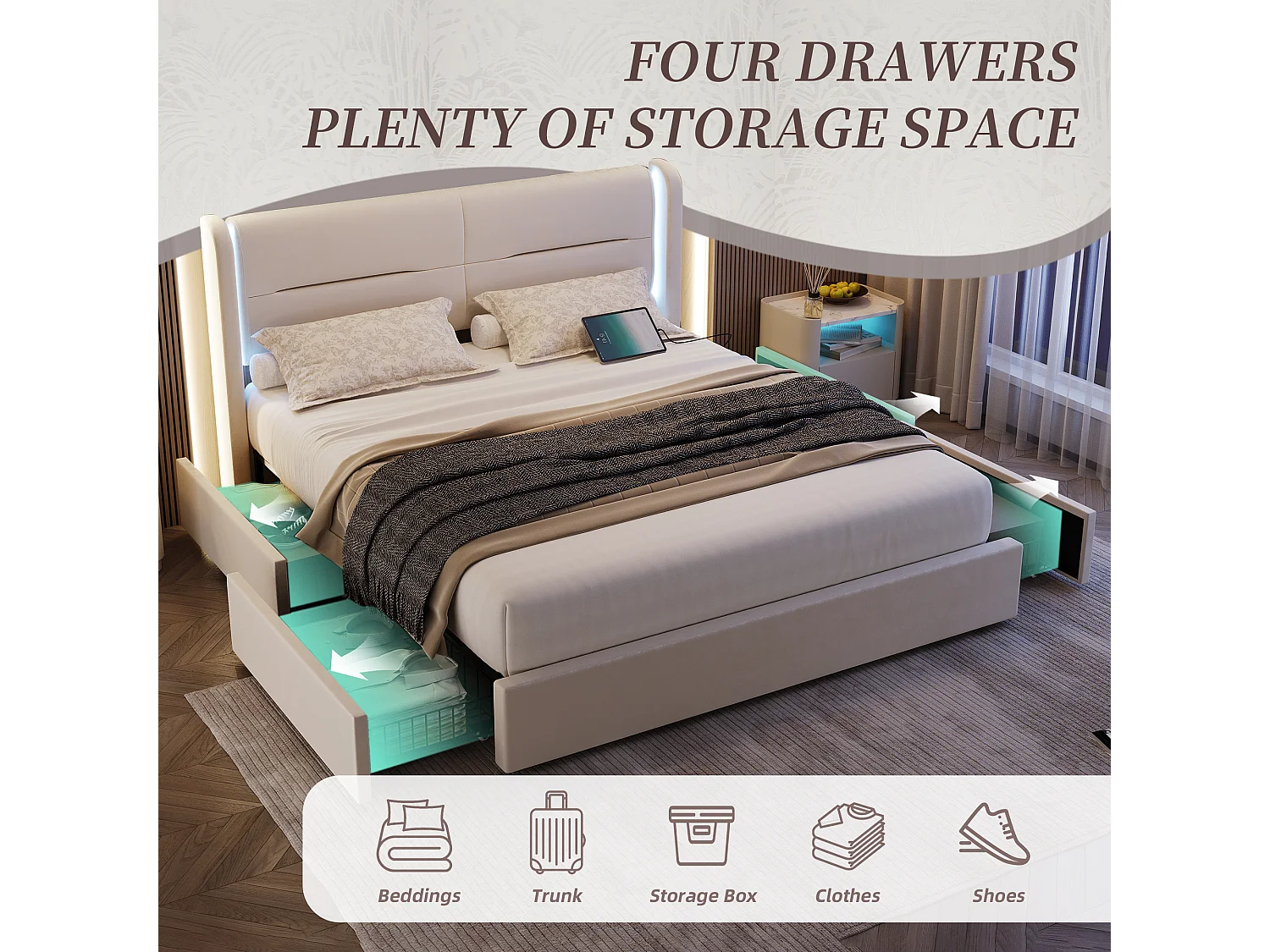 Modern fluwelen bed (140x200) met slimme verlichting - 4 opberglades, USB-C en app-besturing