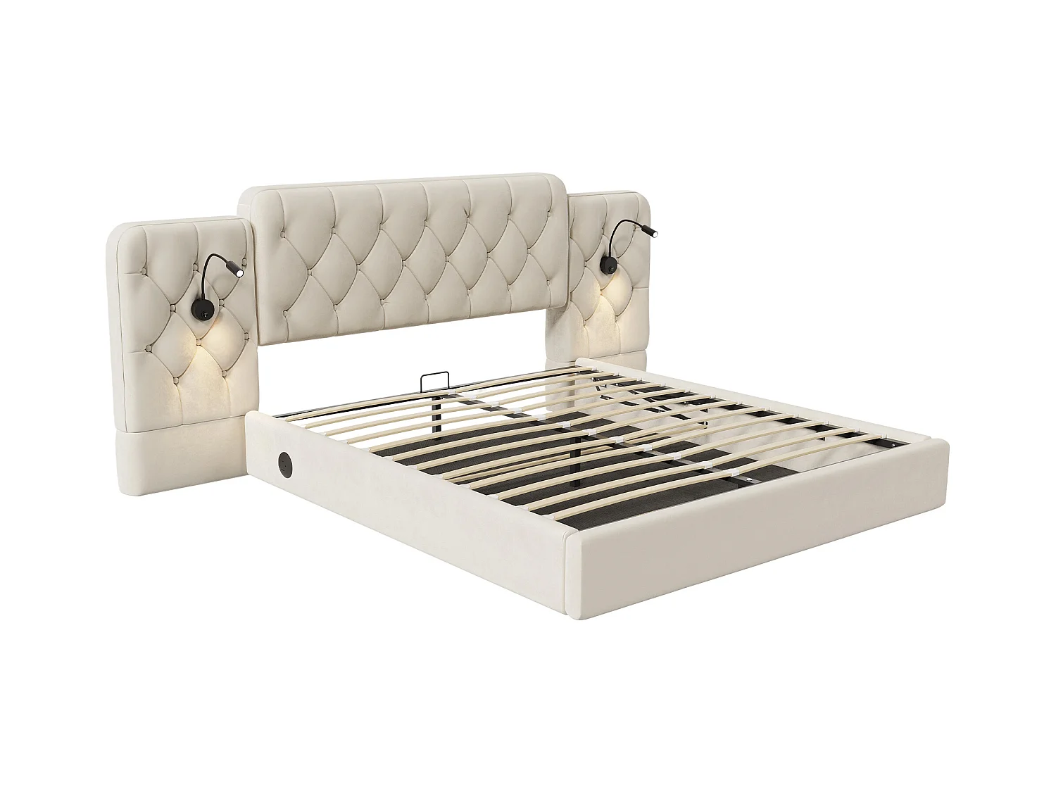 Opbergbed 160 x 200 cm – Extra groot fluwelen hoofdeinde – Geïntegreerd nachtlampje + USB-poorten – Stil hydraulisch mechanisme