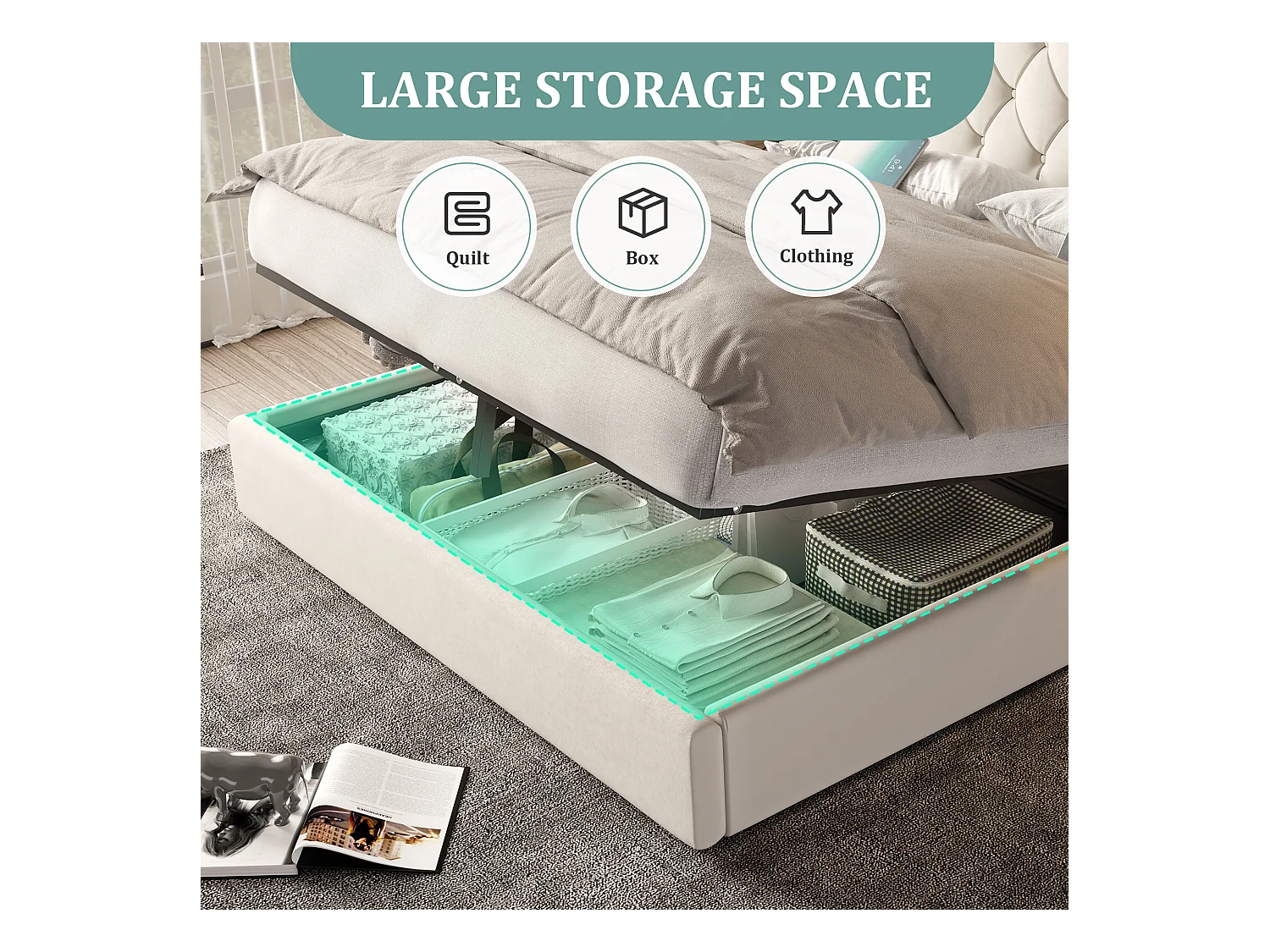 Opbergbed 160 x 200 cm – Extra groot fluwelen hoofdeinde – Geïntegreerd nachtlampje + USB-poorten – Stil hydraulisch mechanisme