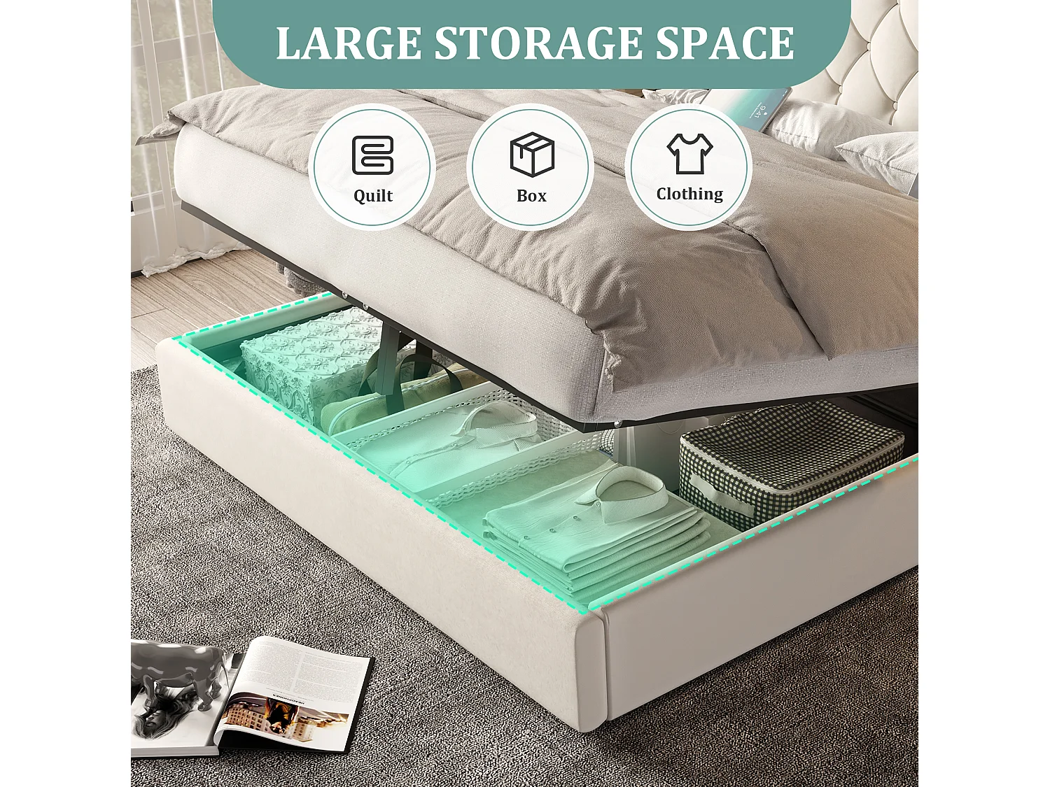 Lit Coffre 160×200 cm Velours Beige – Tête de Lit Rembourrée Avec Lampe de Chevet + Port USB – Rangement Intégré – Style Contemporain