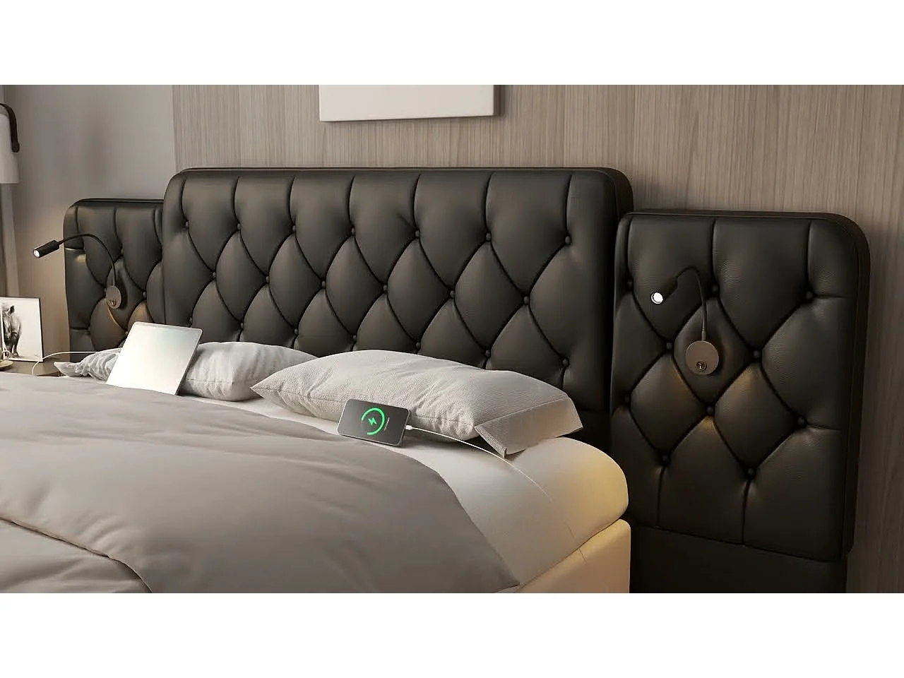 Lit Coffre 160×200 cm Velours Beige – Tête de Lit Rembourrée Avec Lampe de Chevet + Port USB – Rangement Intégré – Style Contemporain