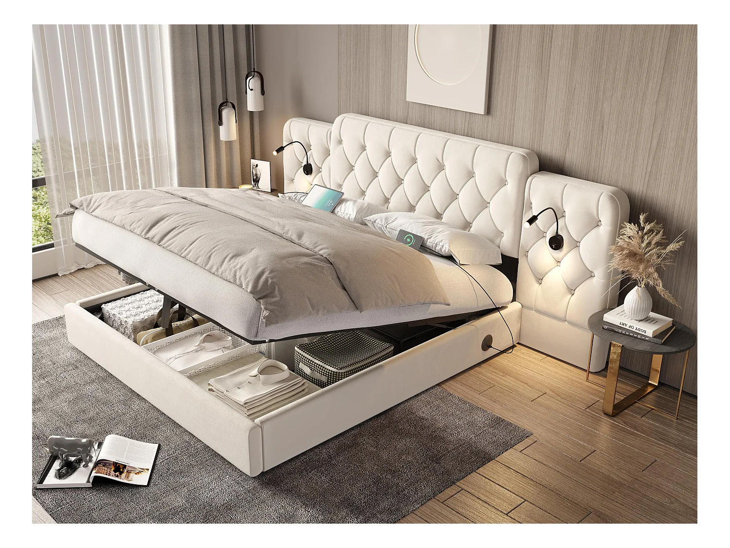 Lit Coffre 160×200 cm Velours Beige – Tête de Lit Rembourrée Avec Lampe de Chevet + Port USB – Rangement Intégré – Style Contemporain