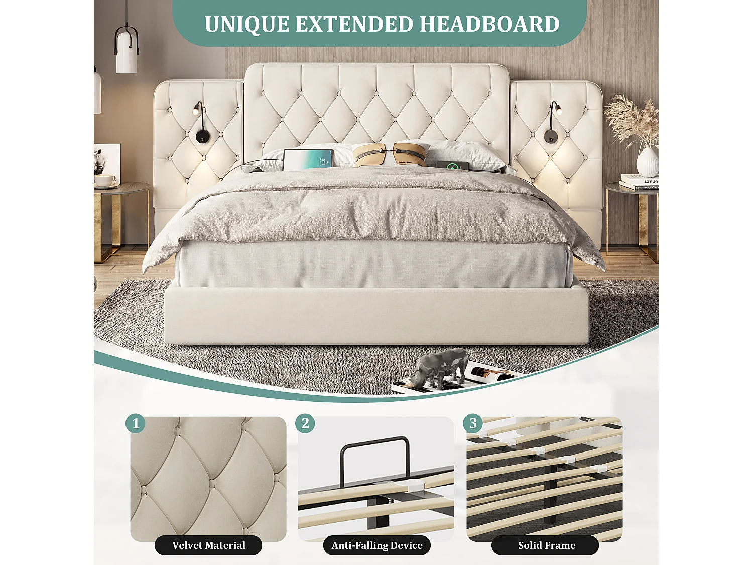 Opbergbed 160 x 200 cm – Extra groot fluwelen hoofdeinde – Geïntegreerd nachtlampje + USB-poorten – Stil hydraulisch mechanisme