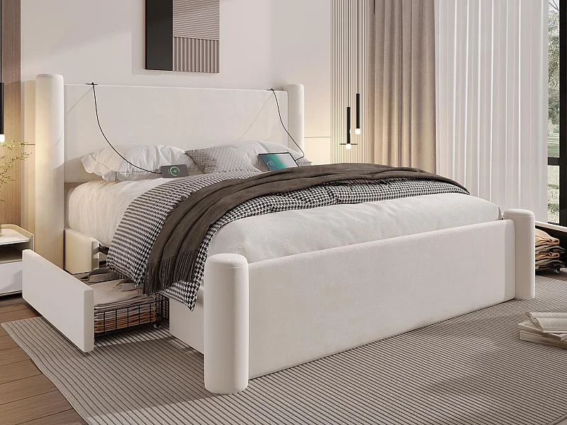 Design fluwelen bed 140x200 - met geïntegreerde opberglades, USB-aansluitingen en luxe hoofdeinde