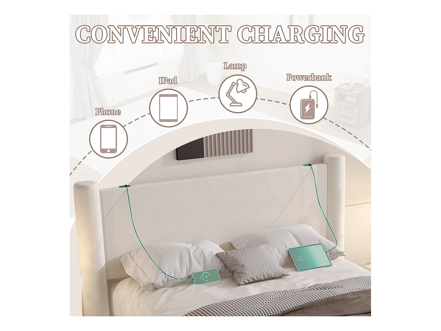 Lit coffre 140x200 cm - Lit rembourré en velours beige - avec tête de lit à colonnes - 2 tiroirs et port USB – Design élégant et pratique