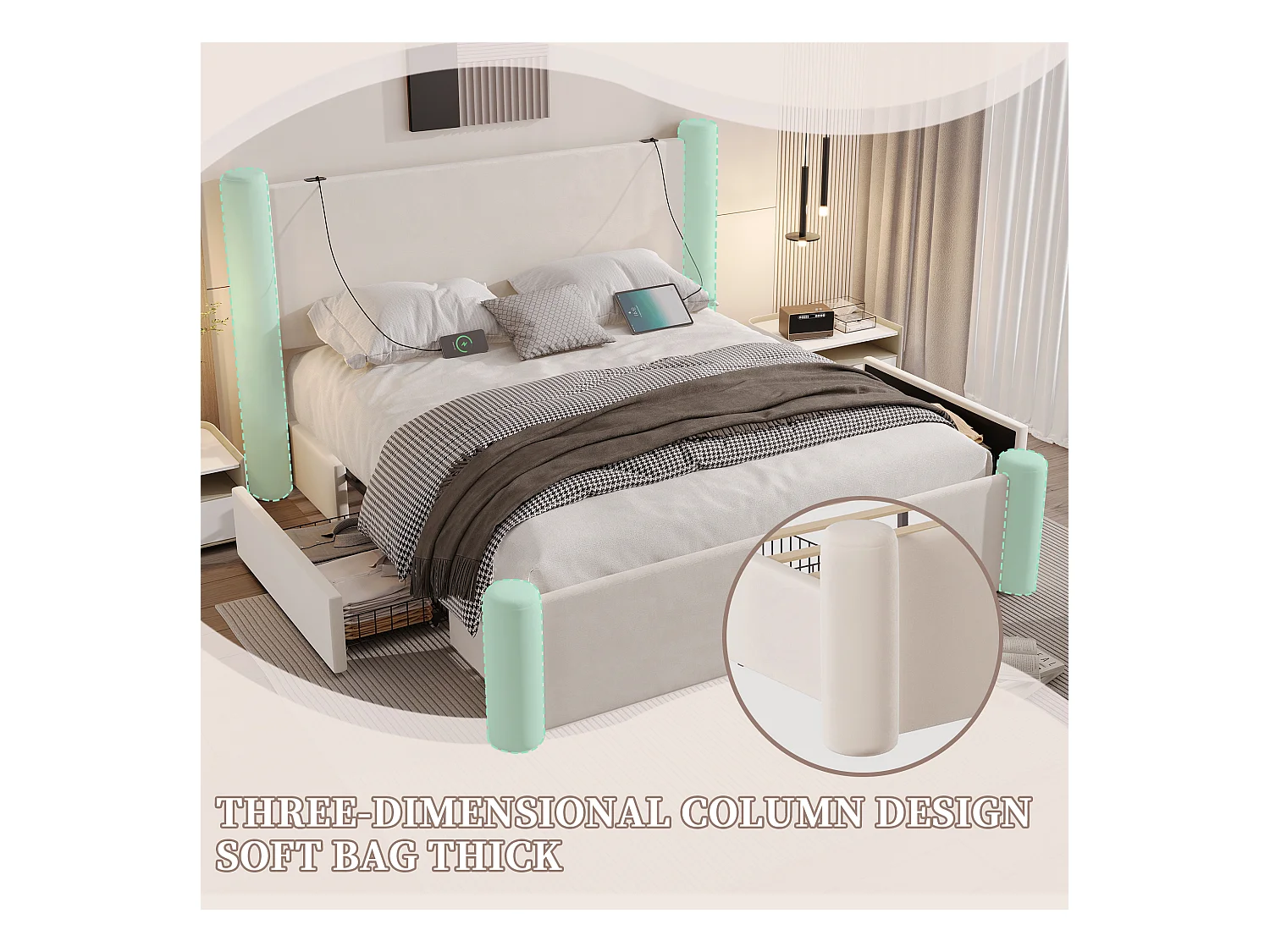 Lit coffre 140x200 cm - Lit rembourré en velours beige - avec tête de lit à colonnes - 2 tiroirs et port USB – Design élégant et pratique