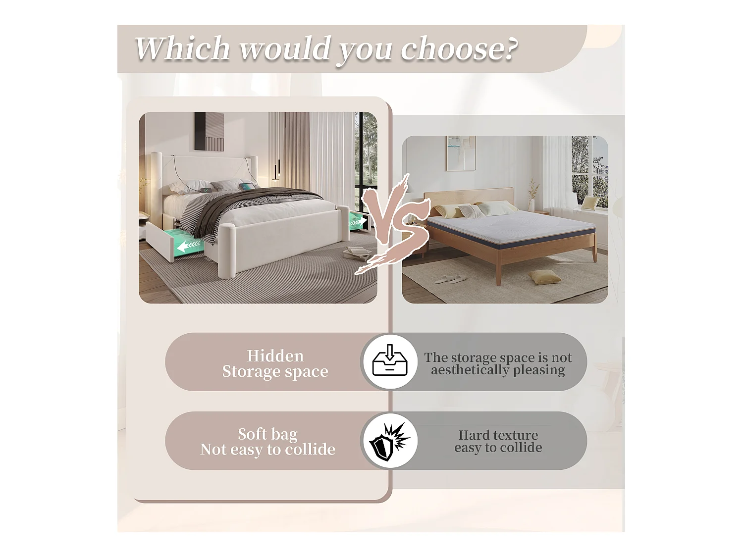 Lit coffre 140x200 cm - Lit rembourré en velours beige - avec tête de lit à colonnes - 2 tiroirs et port USB – Design élégant et pratique