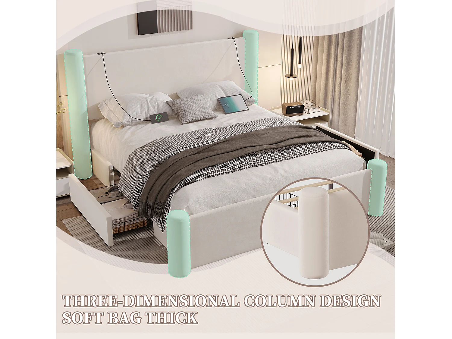 Lit coffre 140x200 cm - Lit rembourré en velours beige - avec tête de lit à colonnes - 2 tiroirs et port USB – Design élégant et pratique