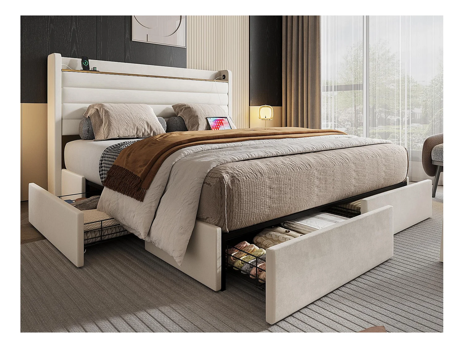 Lit Coffre 140x200 cm - Lit Rembourré en Velours Beige - avec Étagère de Tête de Lit- 4 tiroirs et port USB