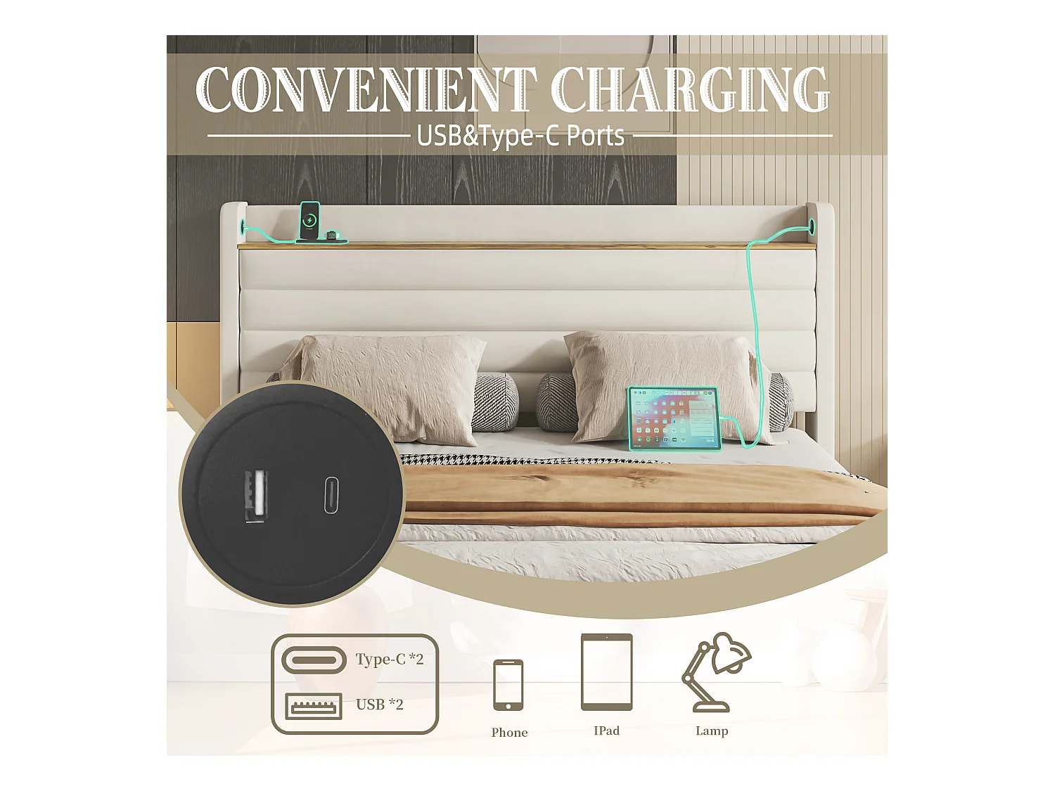 Lit Coffre 140x200 cm - Lit Rembourré en Velours Beige - avec Étagère de Tête de Lit- 4 tiroirs et port USB