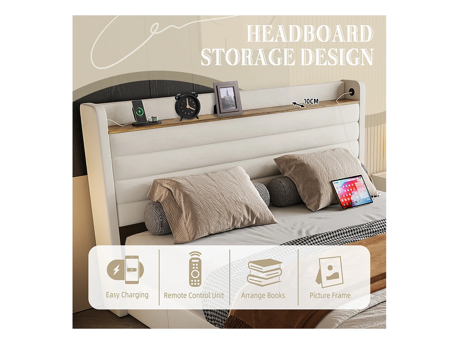 Lit Coffre 140x200 cm - Lit Rembourré en Velours Beige - avec Étagère de Tête de Lit- 4 tiroirs et port USB