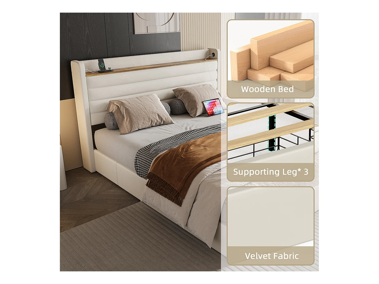 Lit Coffre 140x200 cm - Lit Rembourré en Velours Beige - avec Étagère de Tête de Lit- 4 tiroirs et port USB