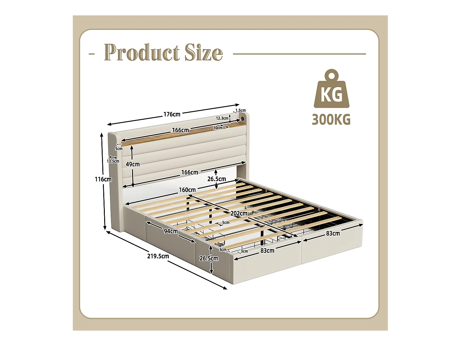 Lit Coffre 140x200 cm - Lit Rembourré en Velours Beige - avec Étagère de Tête de Lit- 4 tiroirs et port USB