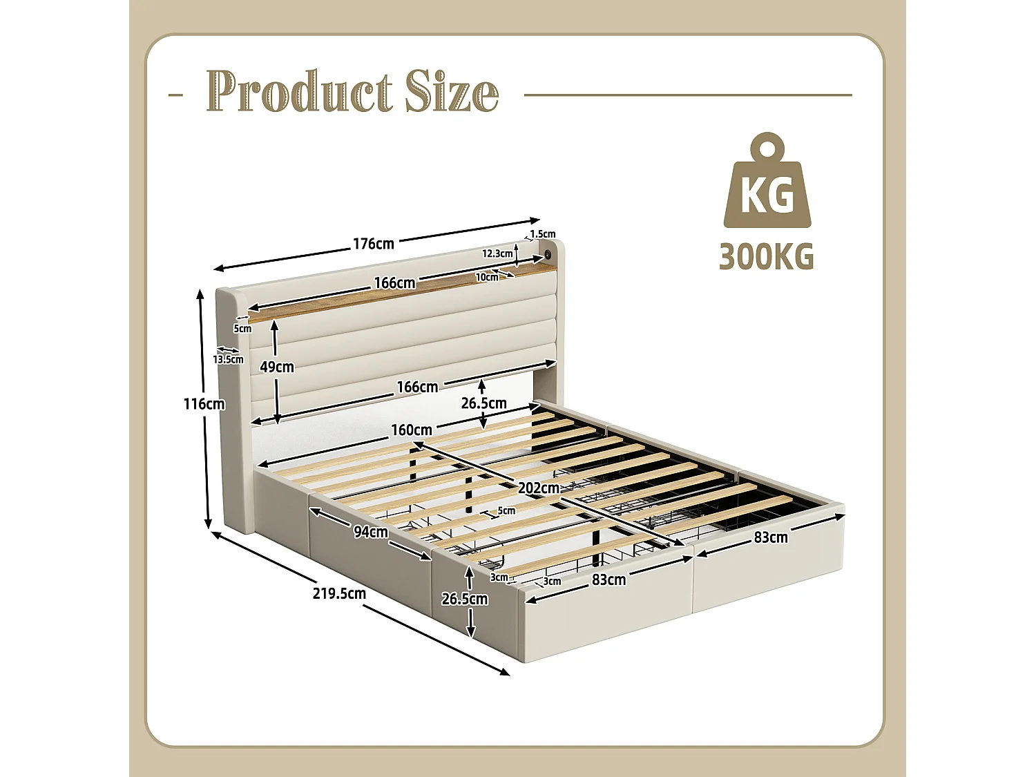 Lit Coffre 140x200 cm - Lit Rembourré en Velours Beige - avec Étagère de Tête de Lit- 4 tiroirs et port USB