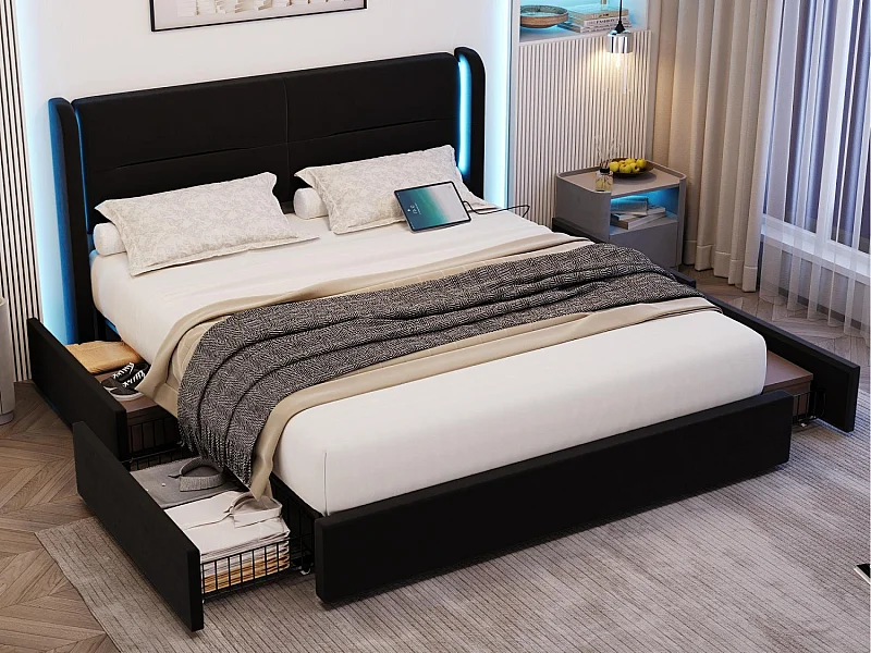 Lit Coffre 160×200 cm - Lit Rembourré en Velours Noir – Tête de Lit LED – 4 Tiroirs – Ports USB/USB‑C – Style Contemporain