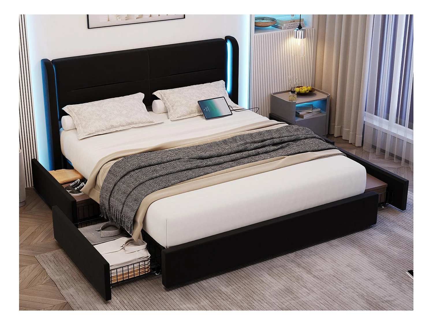 Lit Coffre 160×200 cm - Lit Rembourré en Velours Noir – Tête de Lit LED – 4 Tiroirs – Ports USB/USB‑C – Style Contemporain