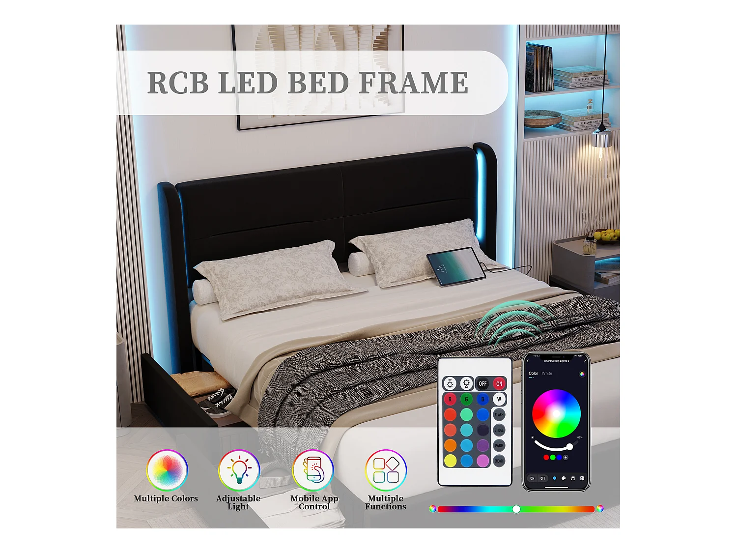 Lit Coffre 160×200 cm - Lit Rembourré en Velours Noir – Tête de Lit LED – 4 Tiroirs – Ports USB/USB‑C – Style Contemporain