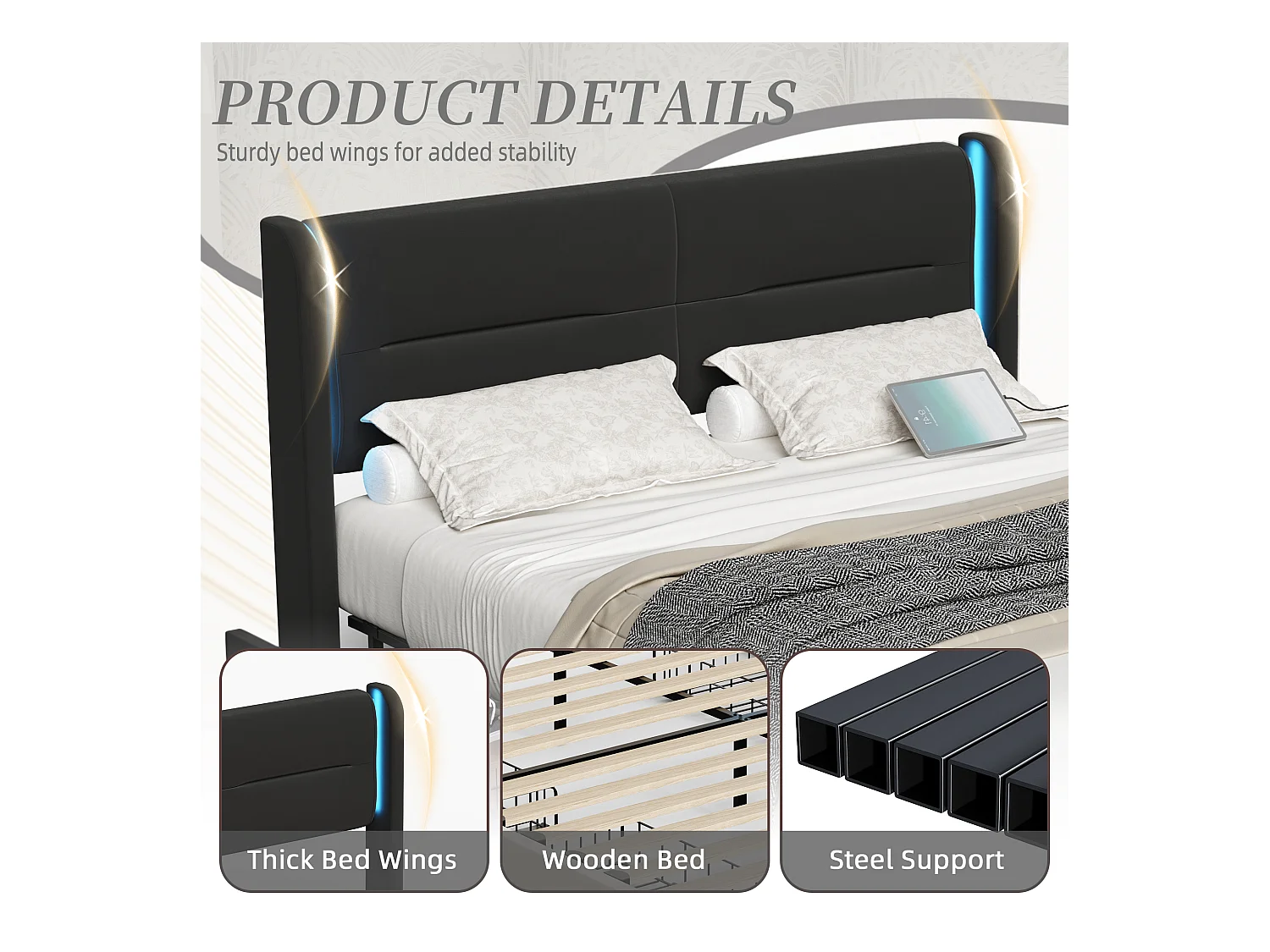 Lit Coffre 160×200 cm - Lit Rembourré en Velours Noir – Tête de Lit LED – 4 Tiroirs – Ports USB/USB‑C – Style Contemporain