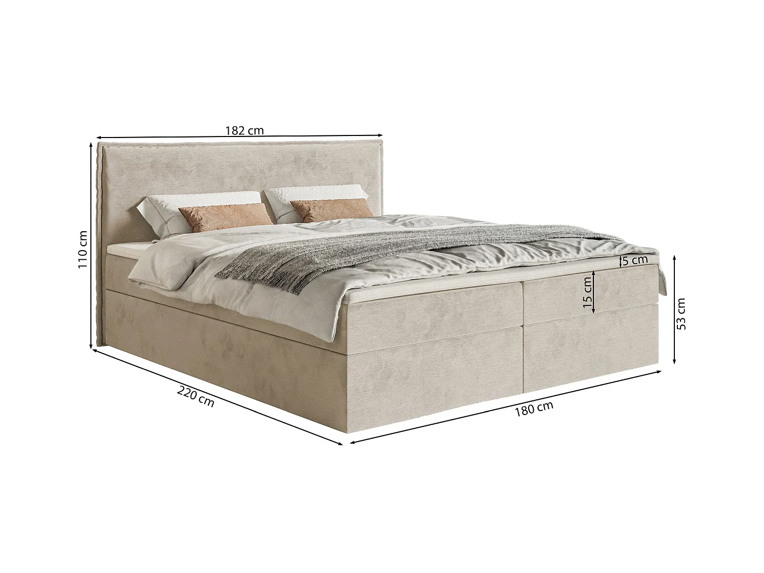 Boxspringbed 180x200 cm met topper en opbergruimte – waterafstotend velours – lichtgrijs – SOFTIE
