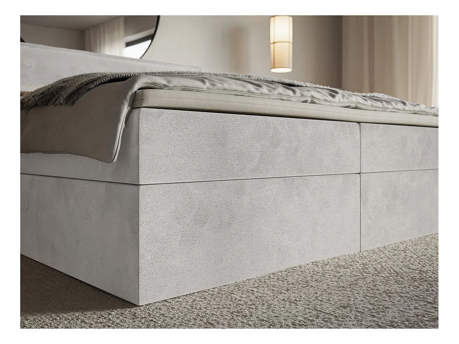 Boxspringbed 180x200 cm met topper en opbergruimte – waterafstotend velours – lichtgrijs – SOFTIE