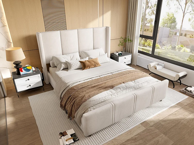 Gepolsterd dubbelbed 160x200 cm - met hoog hoofdeinde & voeteneinde in luxe fluweelstof | Geïntegreerde USB/Type-C aansluiting