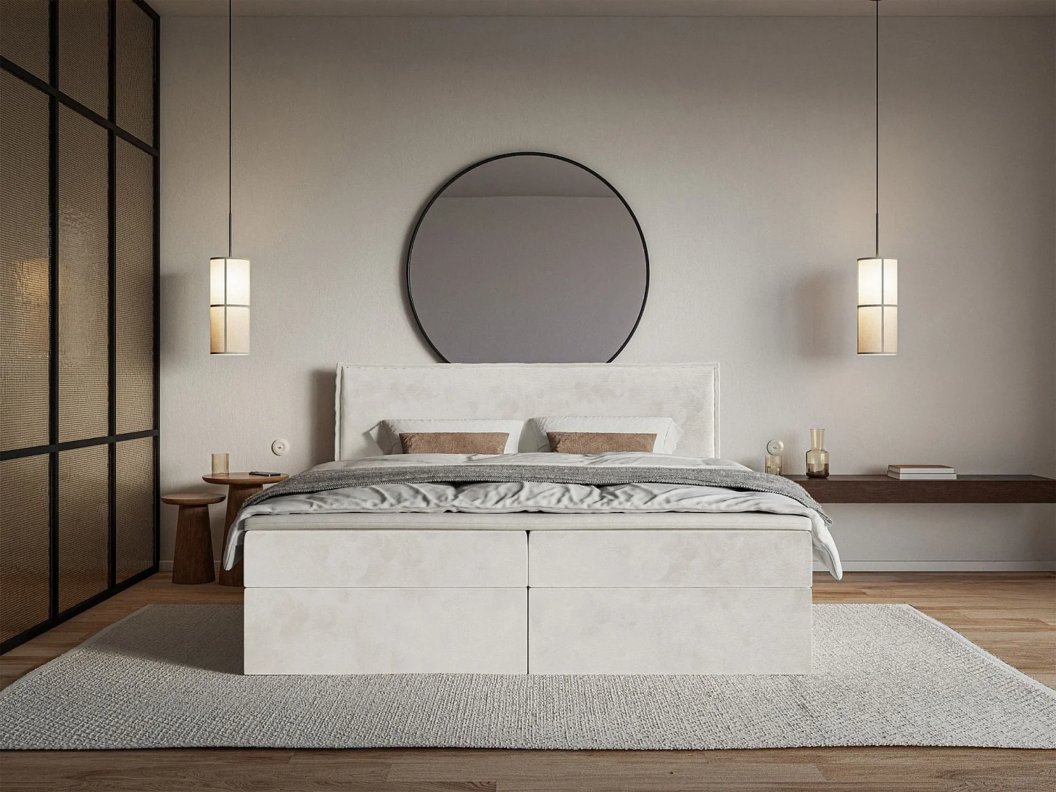 Lit boxspring 140x200 avec surmatelas – en velours déperlant – grège – SOFTIE