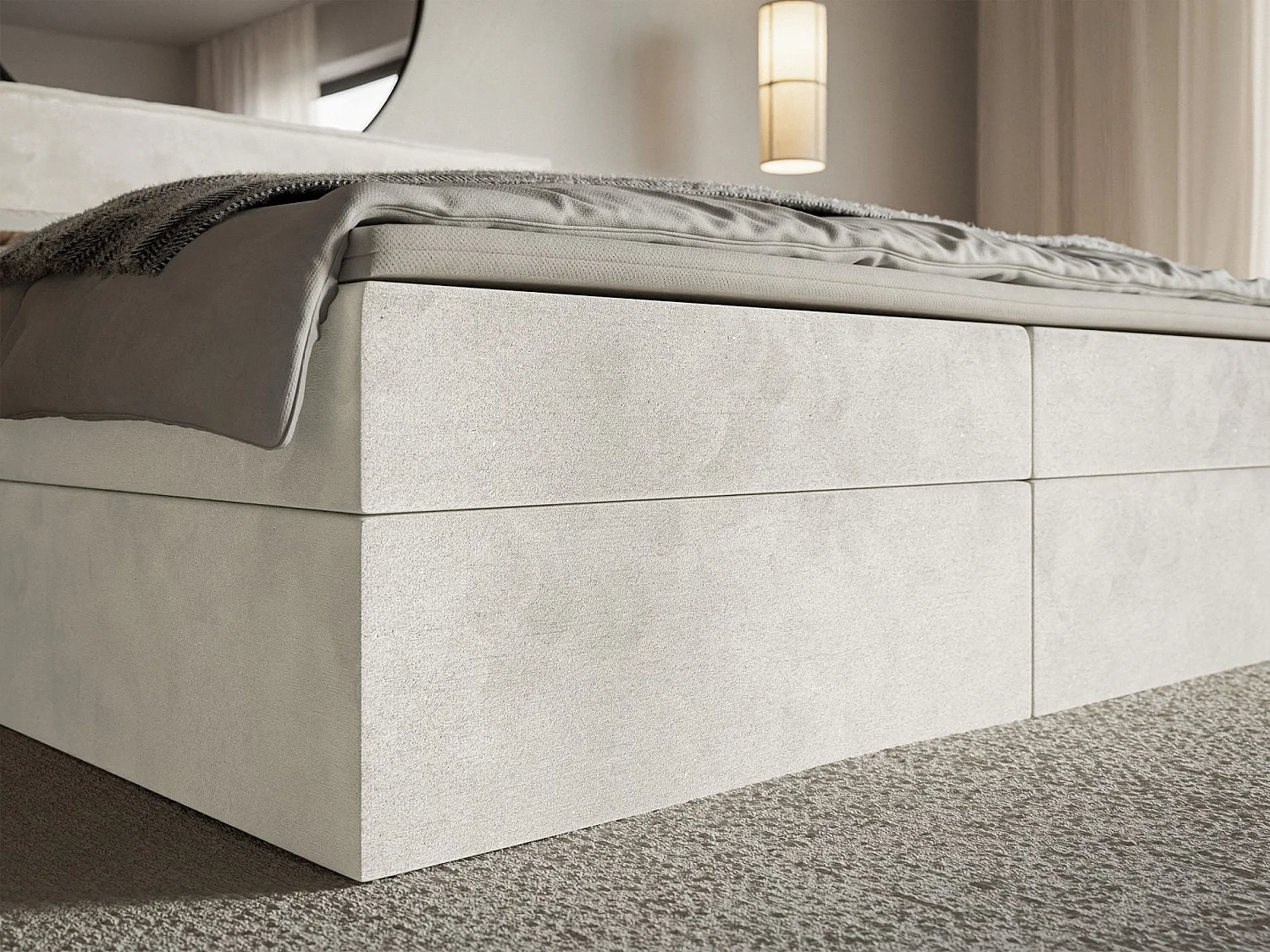 Lit boxspring 140x200 avec surmatelas – en velours déperlant – grège – SOFTIE