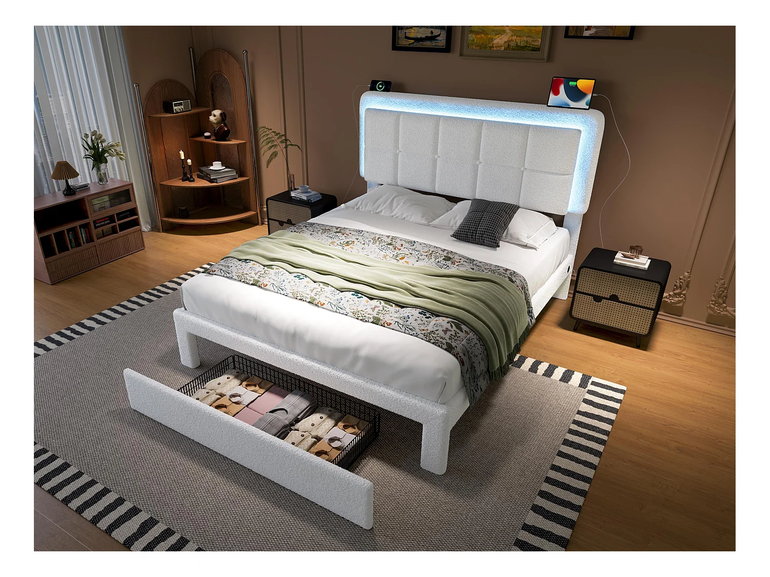 Lit coffre rembourré 140×200 cm en velours teddy blanc - avec tête de lit haute capitonnée - LED intégrées et un tiroir de rangement