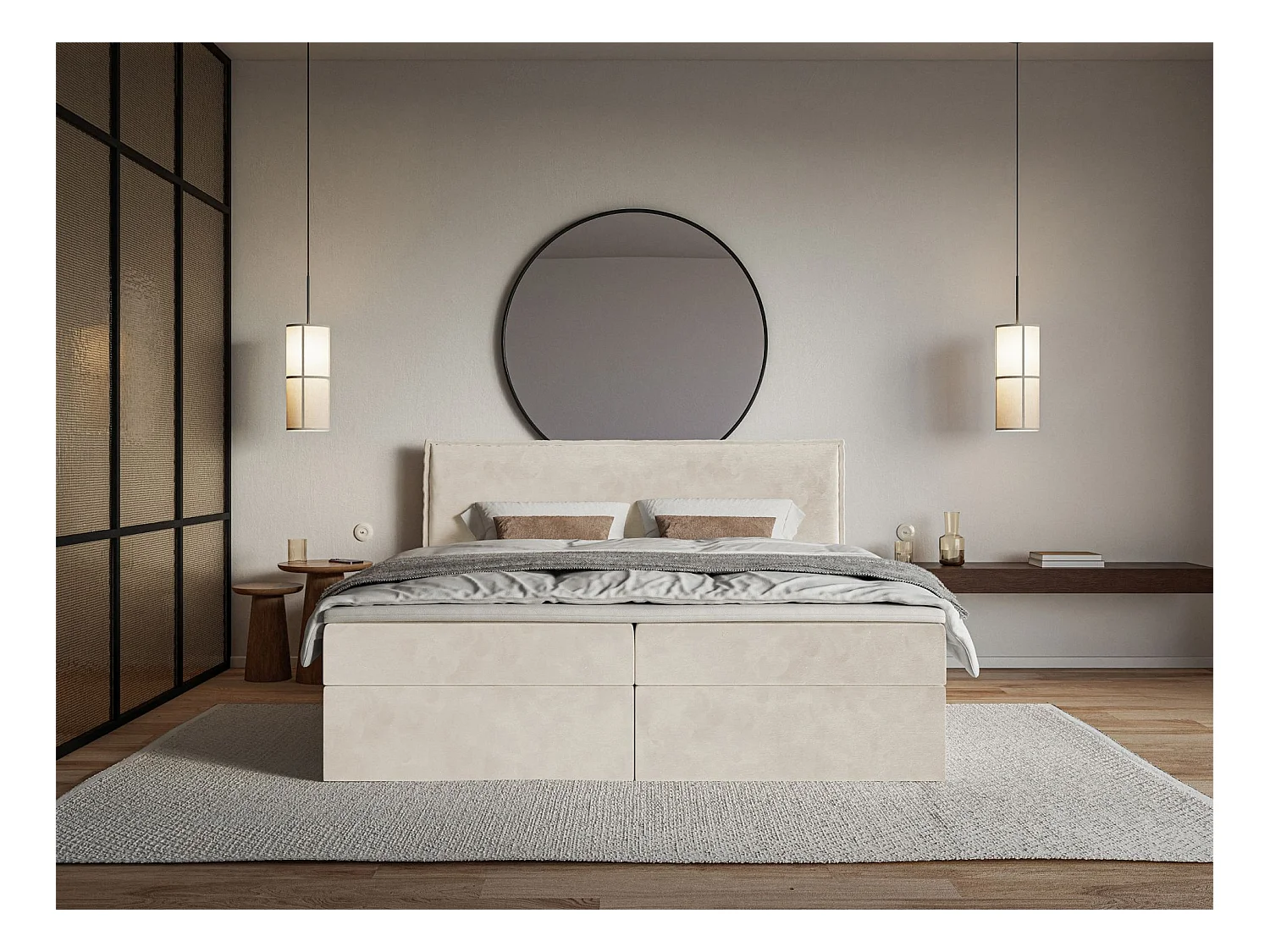 Boxspringbed 140x200 cm met topper en opbergruimte – waterafstotend velours – beige – SOFTIE