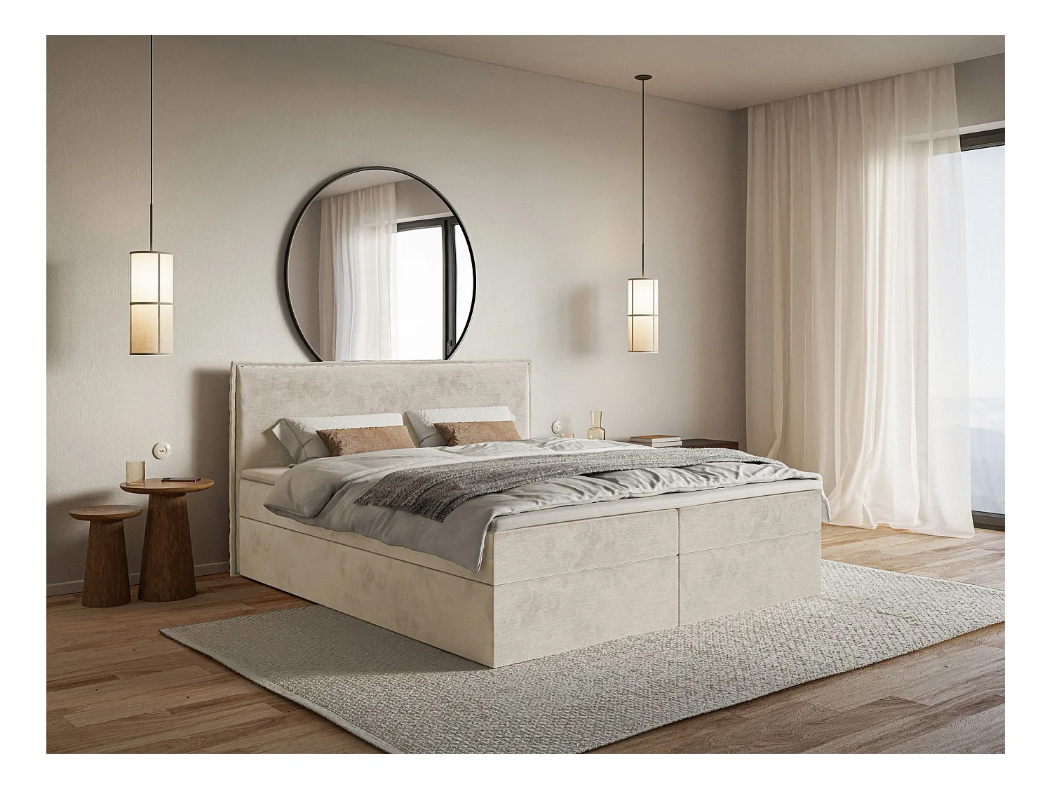 Lit boxspring 140x200 avec surmatelas – en velours déperlant – beige – SOFTIE
