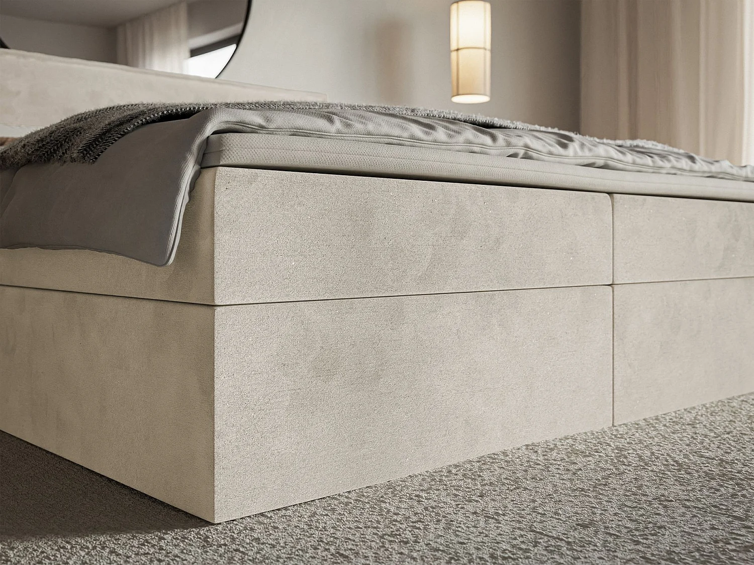 Lit boxspring 140x200 avec surmatelas – en velours déperlant – beige – SOFTIE