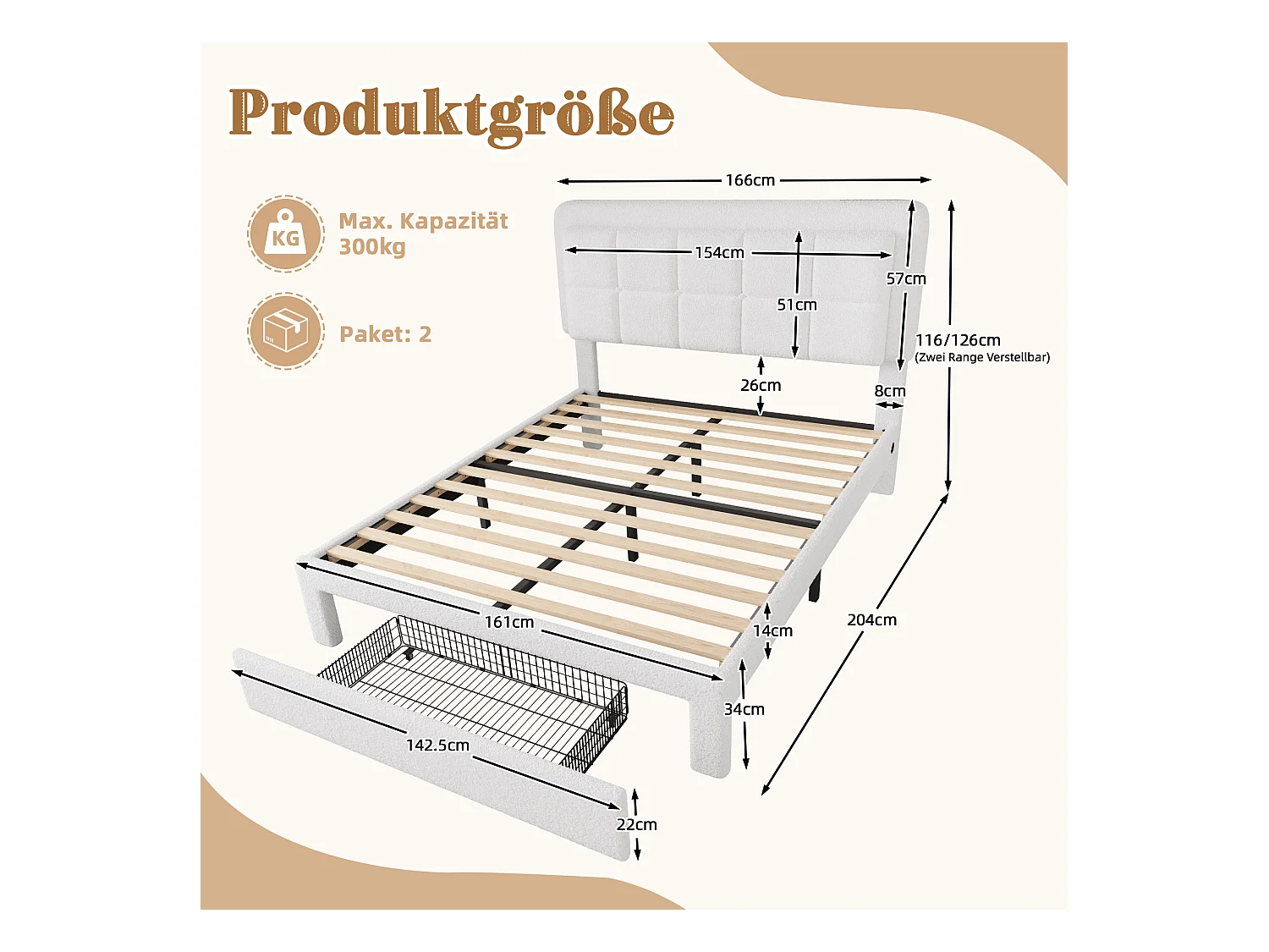 Lit coffre rembourré 160×200 cm en velours teddy blanc - avec tête de lit haute capitonnée - LED intégrées et un tiroir de rangement