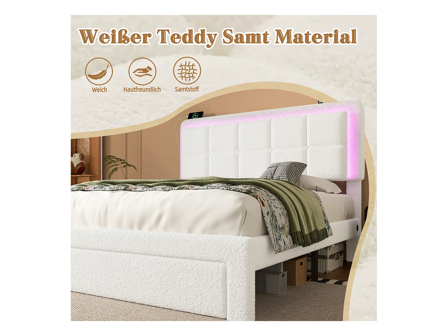 Lit coffre rembourré 160×200 cm en velours teddy blanc - avec tête de lit haute capitonnée - LED intégrées et un tiroir de rangement