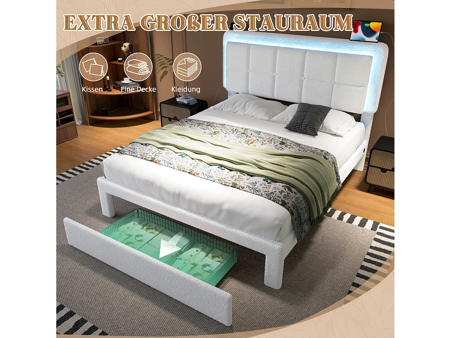 Lit coffre rembourré 160×200 cm en velours teddy blanc - avec tête de lit haute capitonnée - LED intégrées et un tiroir de rangement