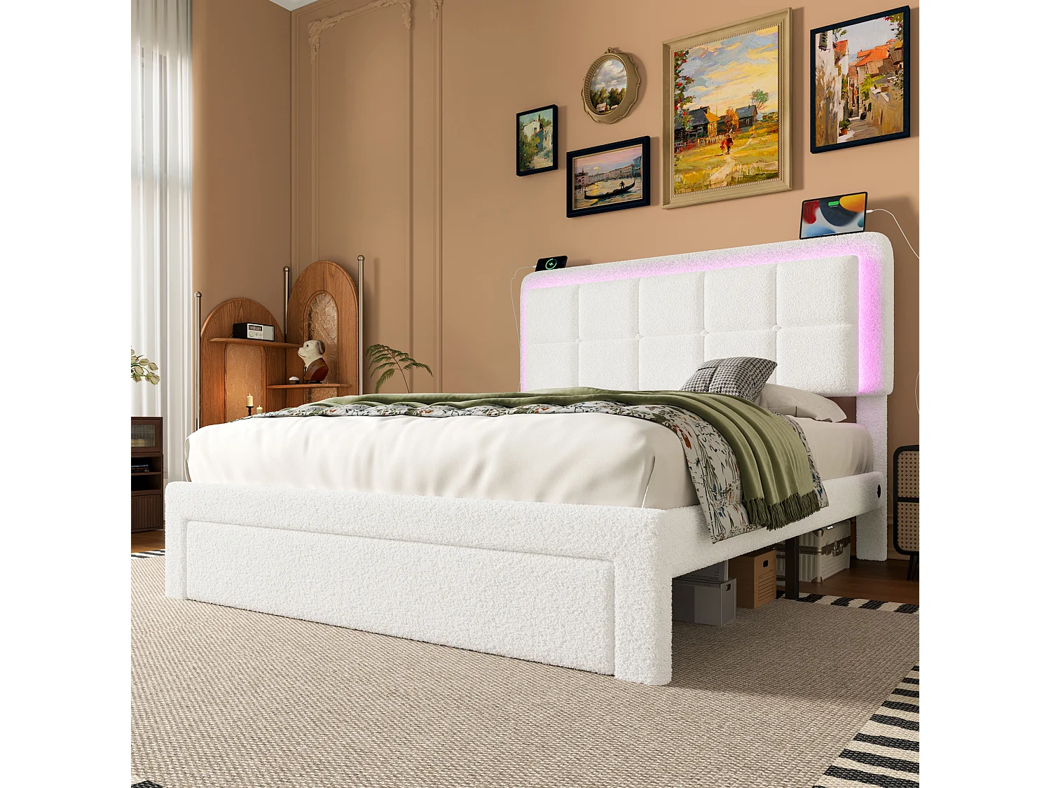 Lit coffre rembourré 160×200 cm en velours teddy blanc - avec tête de lit haute capitonnée - LED intégrées et un tiroir de rangement