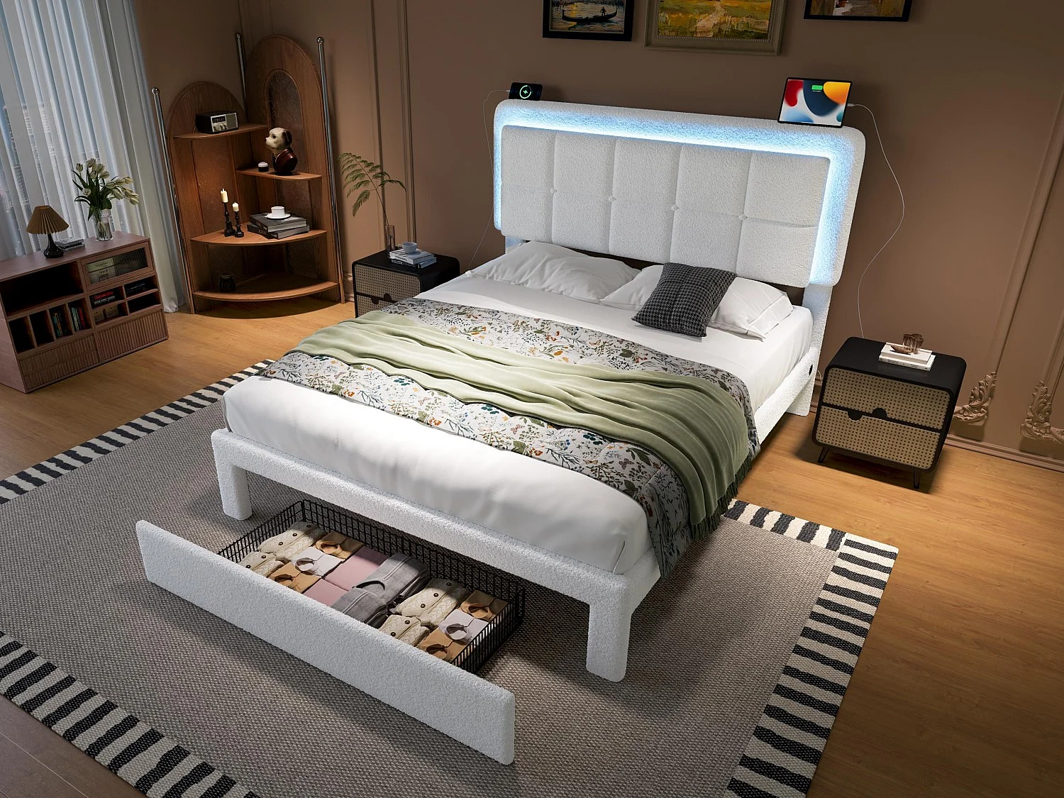 LED-bed 160x200 cm met USB - verstelbaar hoofdeinde, opberglade & massief frame | Wit enkelbed voor jeugd/kinderen