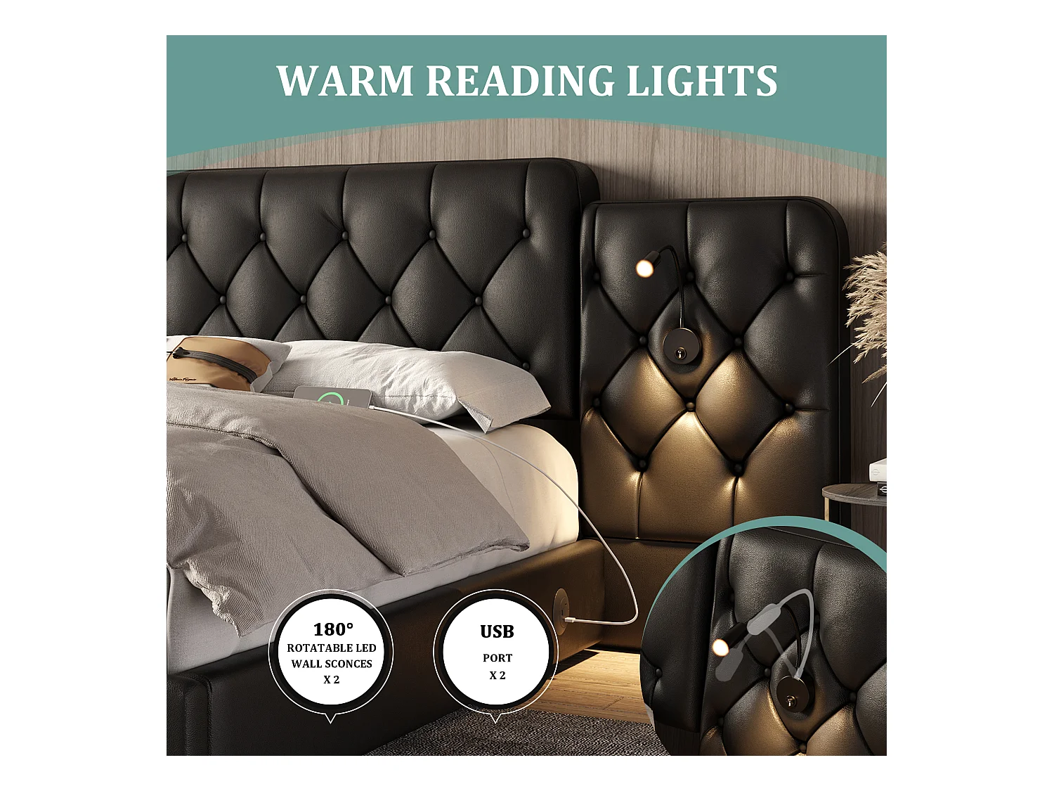 Opbergbed 180x200 cm - Extra groot hoofdeinde van PU-leer - Geïntegreerd nachtlampje + USB-poorten - Stil hydraulisch mechanisme