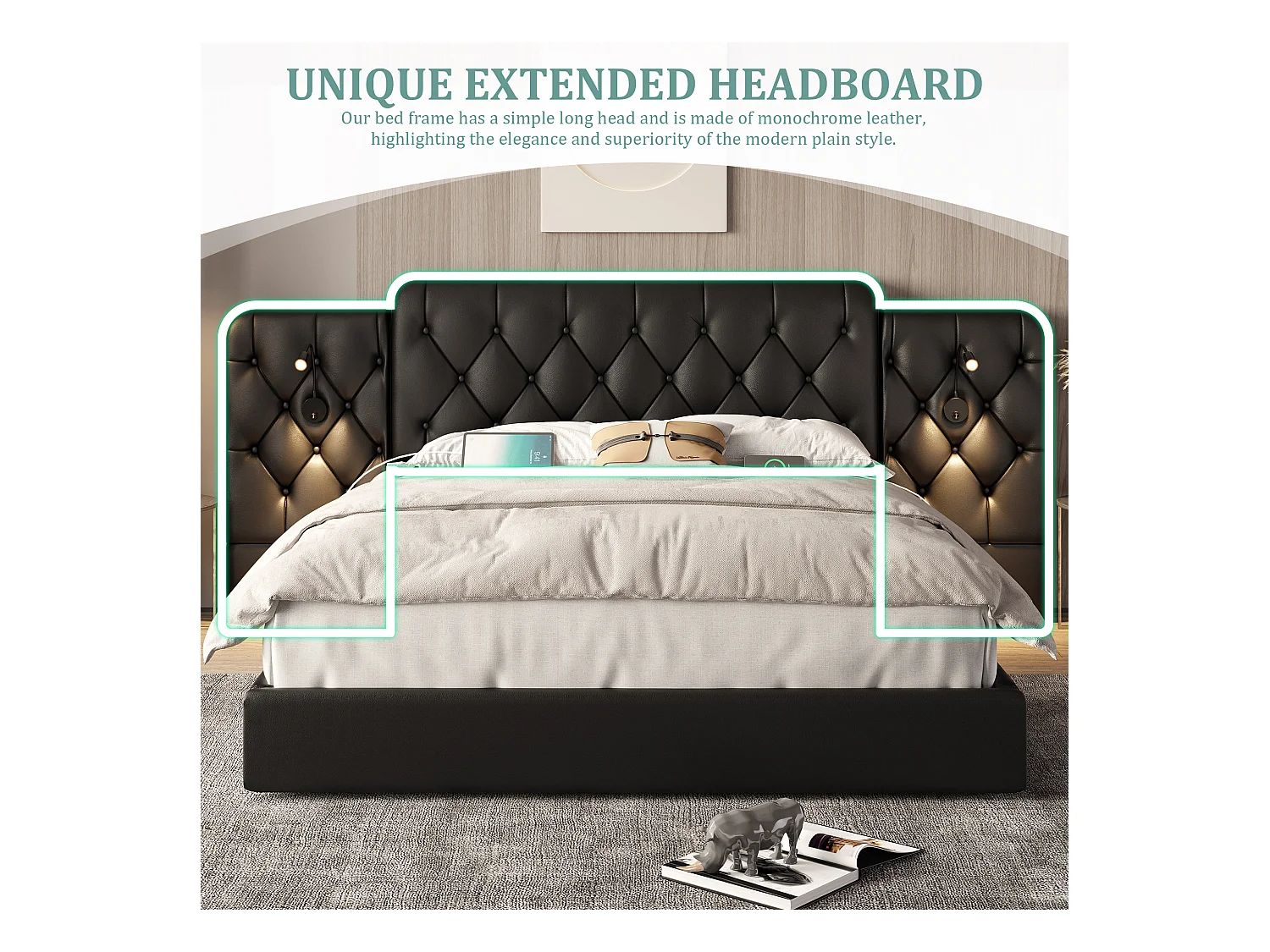 Opbergbed 180x200 cm - Extra groot hoofdeinde van PU-leer - Geïntegreerd nachtlampje + USB-poorten - Stil hydraulisch mechanisme