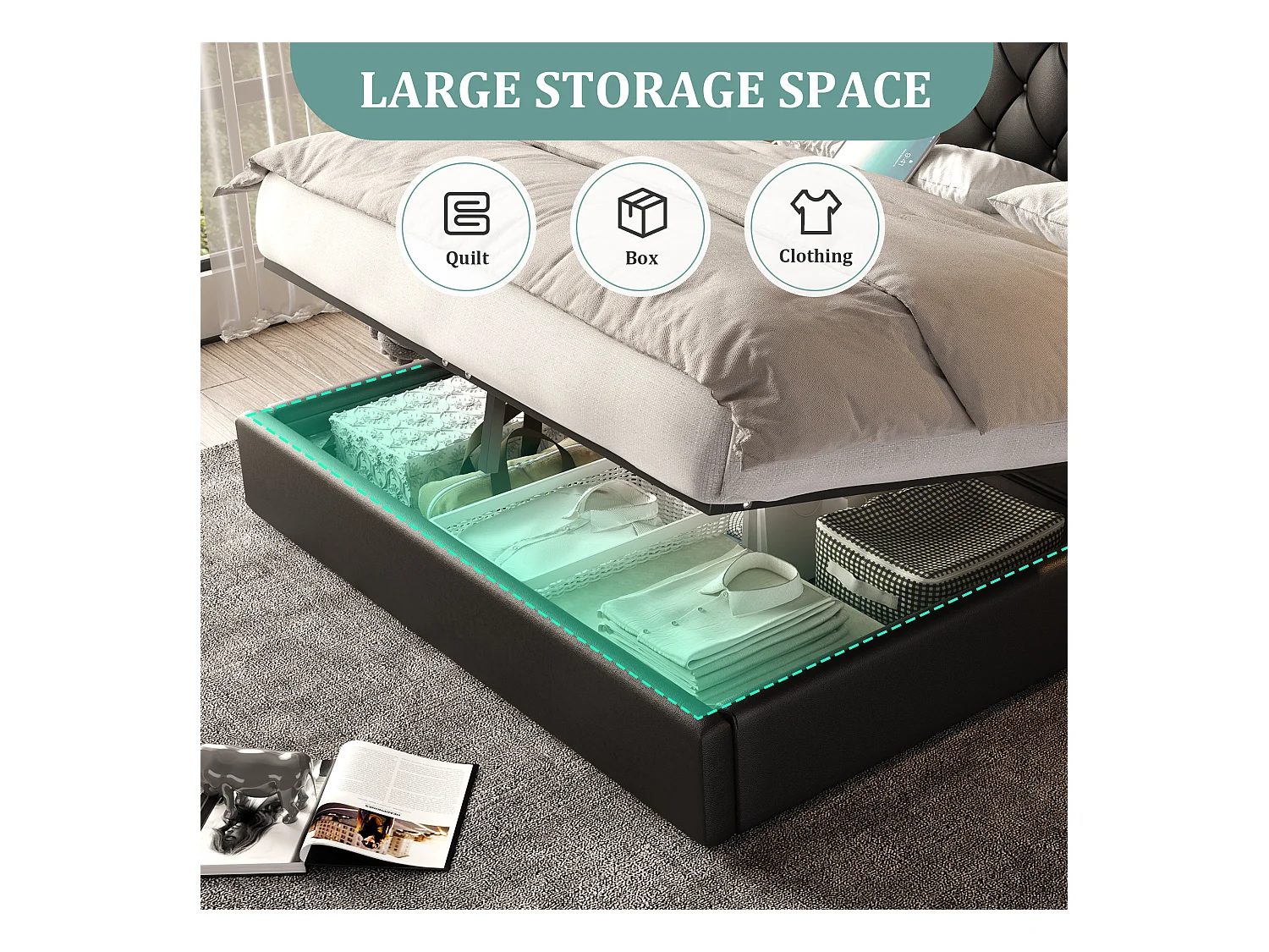 Opbergbed 180x200 cm - Extra groot hoofdeinde van PU-leer - Geïntegreerd nachtlampje + USB-poorten - Stil hydraulisch mechanisme